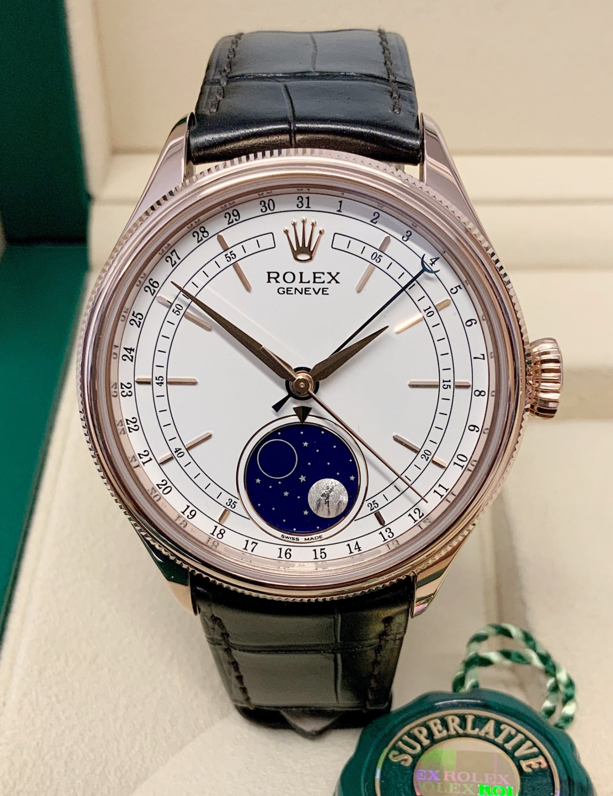 Top Swiss Clone Rolex replica cellini moonphase strip leather rose gold white dial - IP Empire Replica Watches