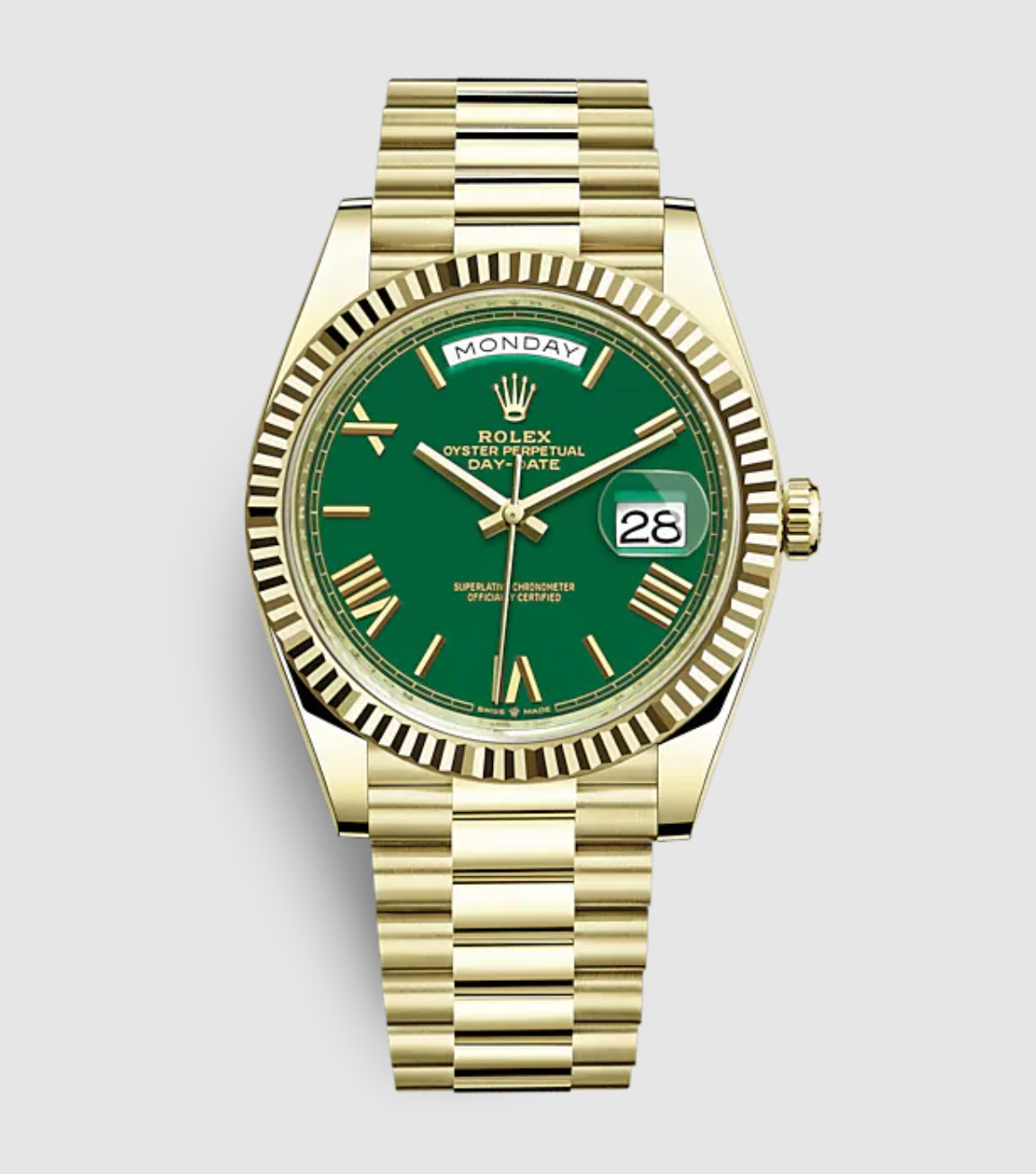 Replica Clone Day Date Rolex Yellow Gold with Green Dial new Model 2022 - IP Empire Replica Watches